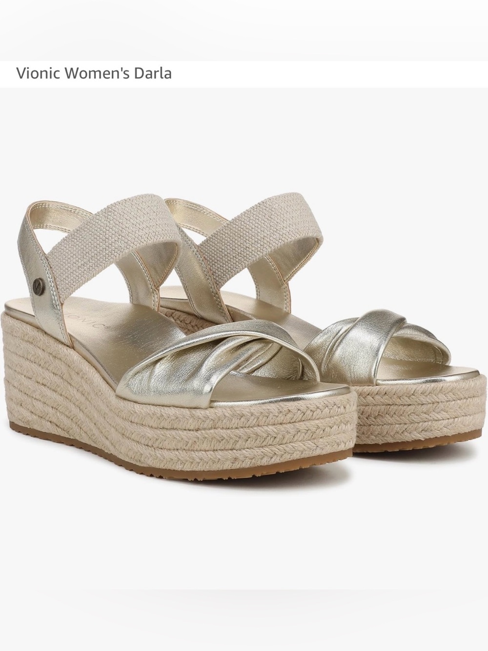 Vionic - Darla, Gold Espadrille Wedge Sandals with Ankle Strap